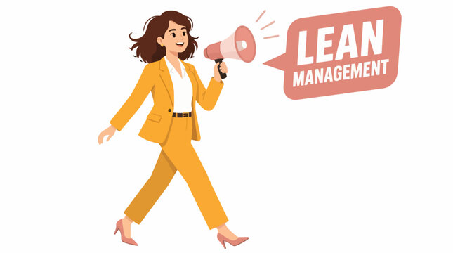 Confident woman in yellow suit using megaphone for lean management.