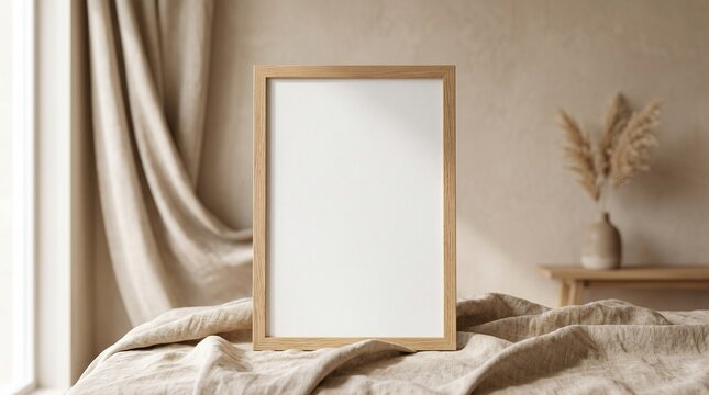 Minimalist Scandinavian-style interior mockup featuring a vertical natural oak wooden picture frame standing on soft beige fabric drapery wth blank white poster insidewooden frame mockup, oak frame, p