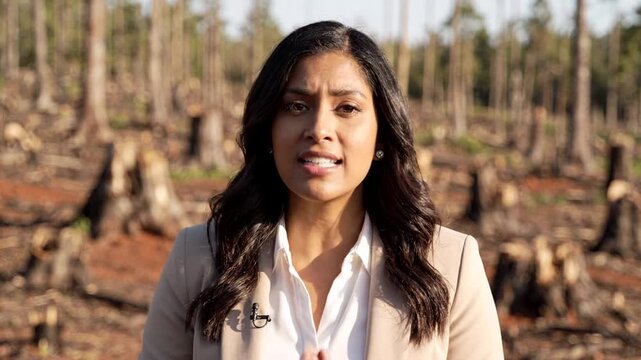 Female Environmental Journalist Reports on Deforestation Impacting the Forest Ecosystem with Passion and Anger