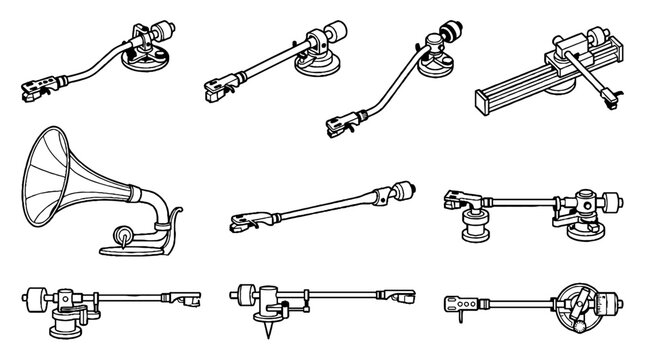 Vintage Turntable Tonearm and Gramophone Horn Illustration Set.