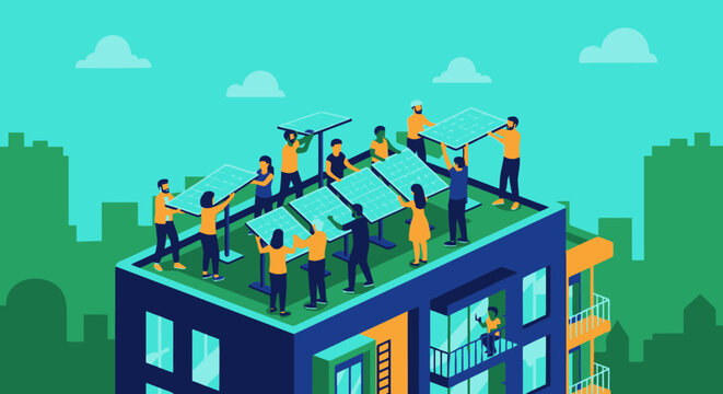 Community installing solar panels on building rooftop for sustainable energy.