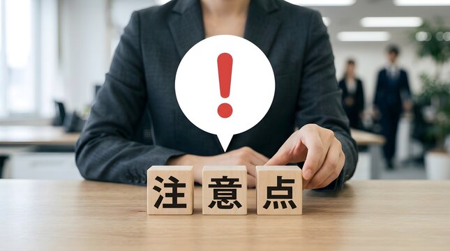 Business person in a dark suit arranging wooden blocks with japanese text about important caution points