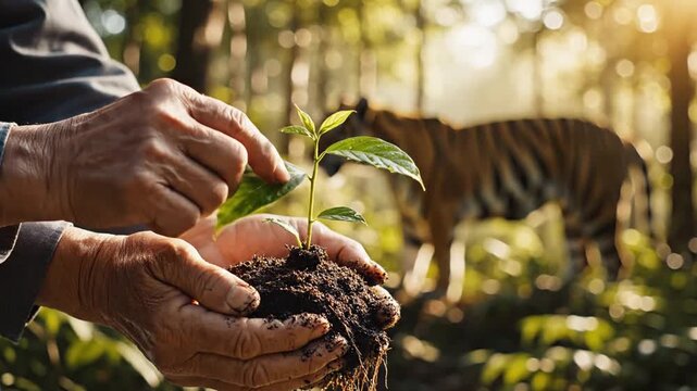 Hands holding sapling with tiger in forest.