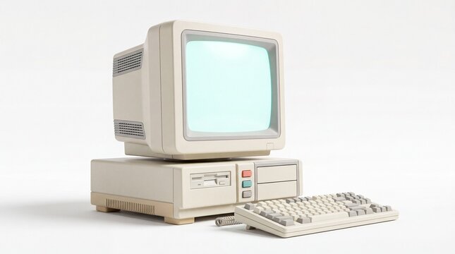Retro beige desktop computer with CRT monitor and keyboard on white background, symbolizing old technology, computing history, nostalgia, and digital evolution.

