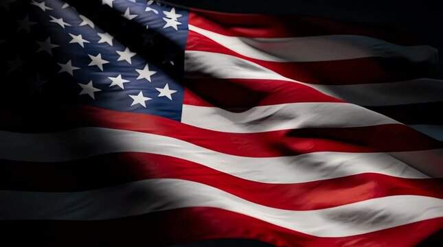 A majestic close up view of the American national flag waving gracefully with deep shadows and vibrant colors