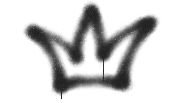 King crown spray paint graffiti tag layout. Abstract urban aerosol majesty symbol with realistic bleeding drips and ink splatter for hardcore streetwear apparel fashion poster design asset clip art.