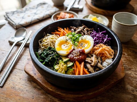 A delicious and vibrant Korean bibimbap served in a stone bowl, topped with a perfectly cooked egg and assorted vegetables, accompanied by chopsticks and a side of kimchi
