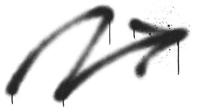 Urban aerosol spray paint arrow graffiti tag template. Distressed curved pointer shape with messy dripping ink splatter for hardcore streetwear apparel graphic layout promotion asset clip art.