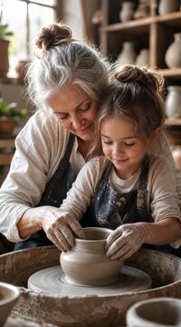 Grandmother and granddaughter making pottery