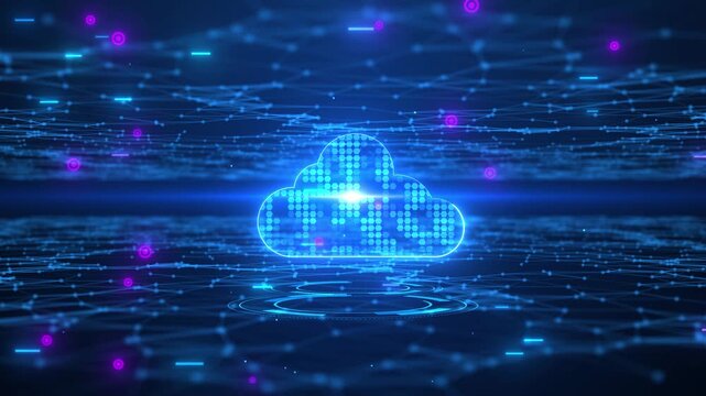 Abstract 3D cloud storage technology concept, big data visualization, cyber security and global server connection.