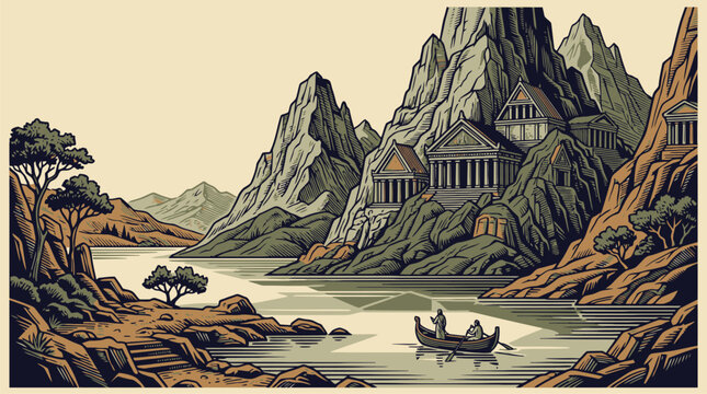 Vintage mountain valley river with small boat illustration.