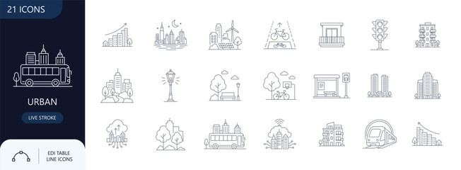Urban and city life line icon set containing skyscraper, residential building, eco green city, park, public transport and infrastructure, Editable stroke. Vector illustration © RayZigna