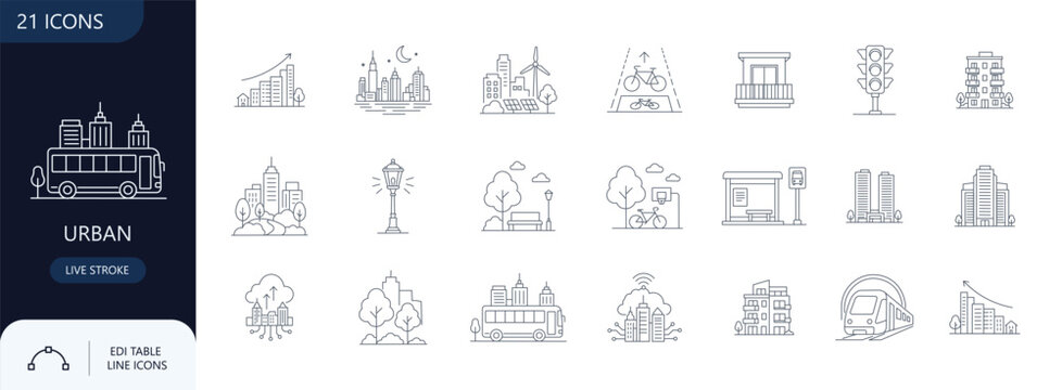 Urban and city life line icon set containing skyscraper, residential building, eco green city, park, public transport and infrastructure, Editable stroke. Vector illustration