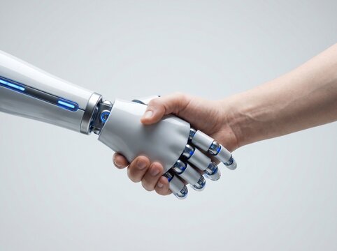 Robotic white hand with blue glowing accents shaking hands with a human hand against a solid light gray background