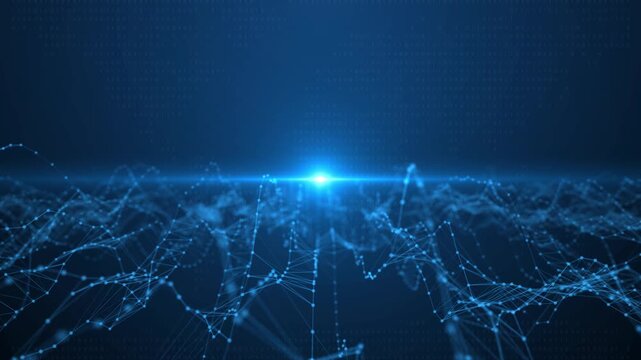 Digital plexus wave mesh with binary numbers and lens flare on dark blue technology background.
