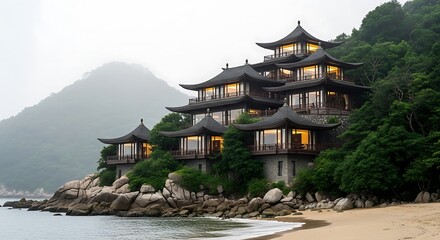 Fototapeta premium Stunning luxury Asian inspired resort villa built on a rocky tropical beach coastline