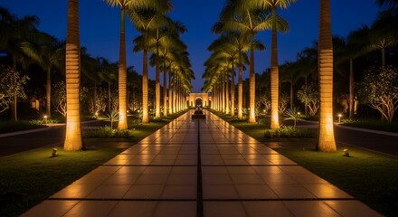 Fototapeta premium A serene palm tree lined walkway at a luxury tropical resort at twilight