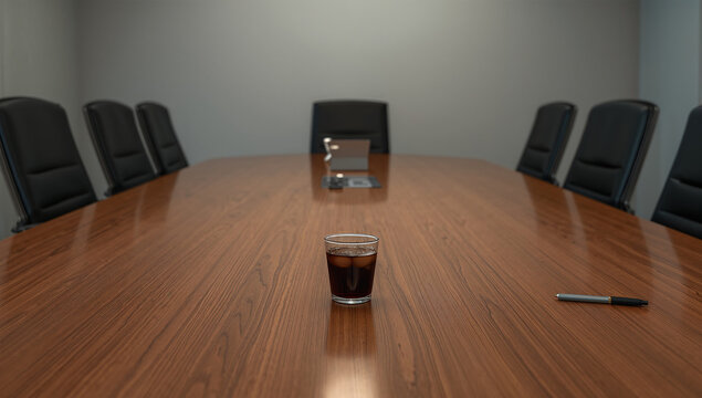 誰もいない会議室に冷めたコーヒーだけが残る静かな写真