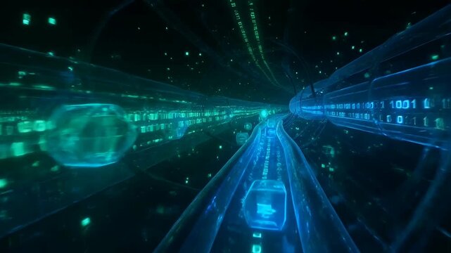 Abstract Digital Cyber Tunnel With High Speed Data Streams And Flowing Binary Information Code