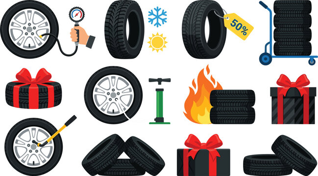 Car tire service icon collection featuring pressure gauge pump wheel alignment seasonal tread discount tag and gift boxes