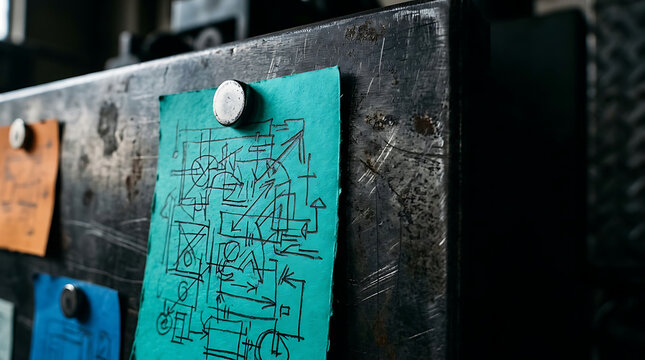 Technical diagram on a bright sticky note, pinned to a dark textured metal surface, for strategic system planning, workflow design, and problem-solving insights