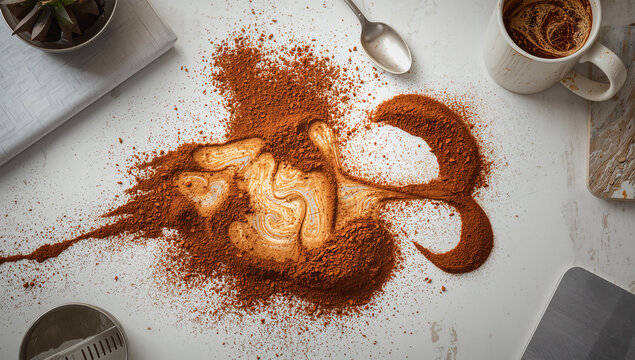 こぼれたコーヒー粉が机の上に偶然の模様を作る静物写真