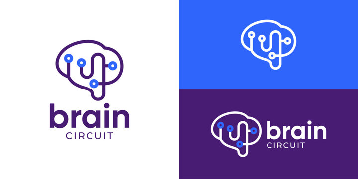 Creative simple brain circuit logo template. Brain with circuit board, dot connection symbol logo design vector illustration.