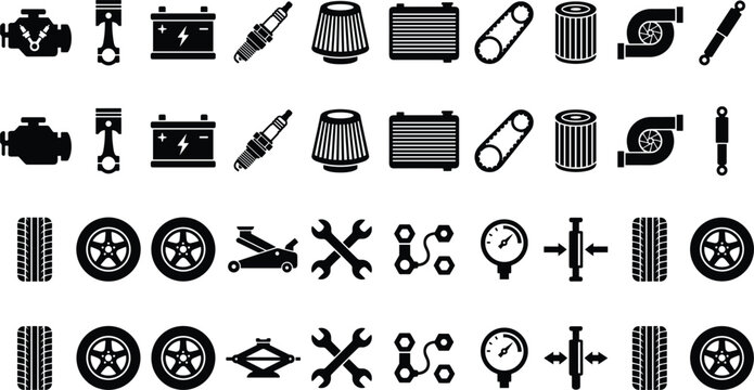 Car auto parts and mechanic tools silhouette icon set for garage service vehicle maintenance sparse graphic elements