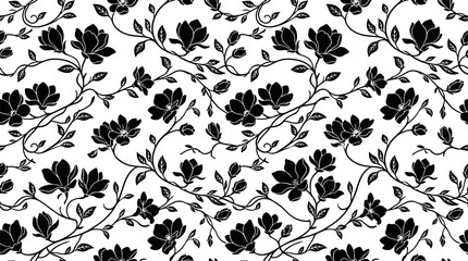 Elegant black and white seamless magnolia floral pattern with blooming flowers vintage vines and delicate botanical leaves vector illustration © Golzar