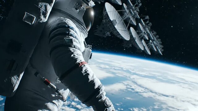 Astronaut Performing Spacewalk Near Orbiting Satellite with Earth Below in Background