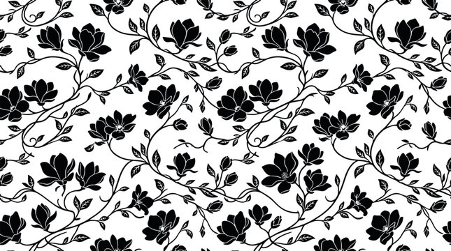 Elegant black and white seamless magnolia floral pattern with blooming flowers vintage vines and delicate botanical leaves vector illustration