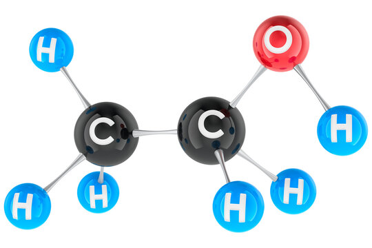 Ethanol molecule model C2H5OH, transparent background.