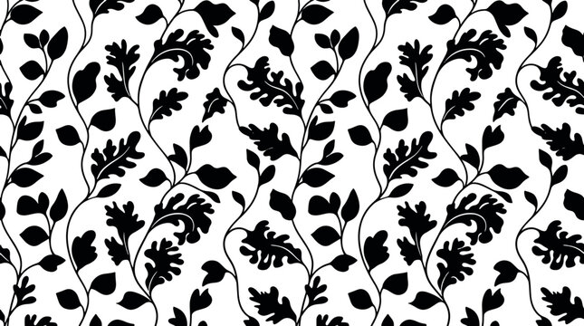 Seamless monochrome damask pattern with elegant black floral leaves and climbing vine plant silhouettes on white background vector illustration