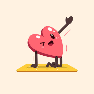 Cute heart character doing yoga balance pose on mat cartoon vector illustration