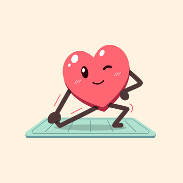 Cute heart character doing yoga lunge pose with hand on hip cartoon vector illustration