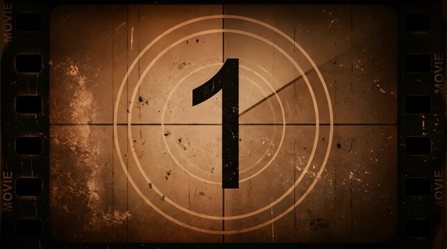 Vintage film countdown leader with a number one displayed on a dusty textured sepia background