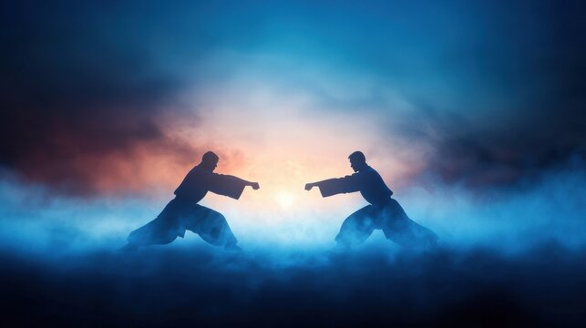 Game Martial artists sparring in a competitive match, each determined to outmaneuver the other.