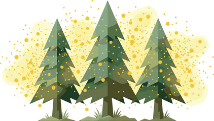Three green pine trees surrounded by golden pollen dust or magic sparkling lights in a dense wild forest vector illustration © Golzar
