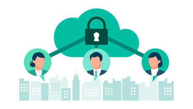 Business professionals from different locations securely connecting to a protected cloud network with a lock icon representing encrypted remote work solutions
