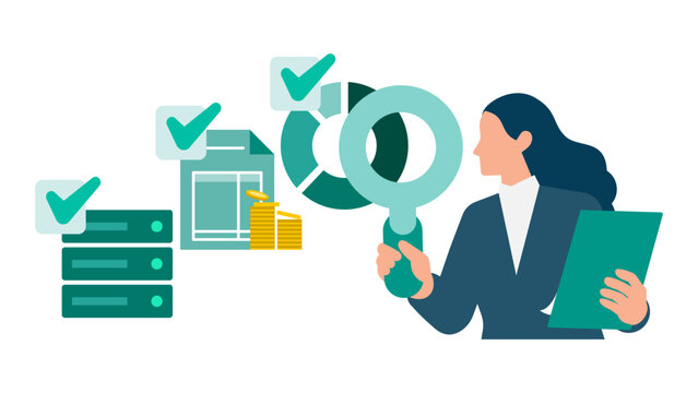 A professional woman using a magnifying glass and checklist to perform a comprehensive data assessment and financial audit on local servers before initiating cloud migration