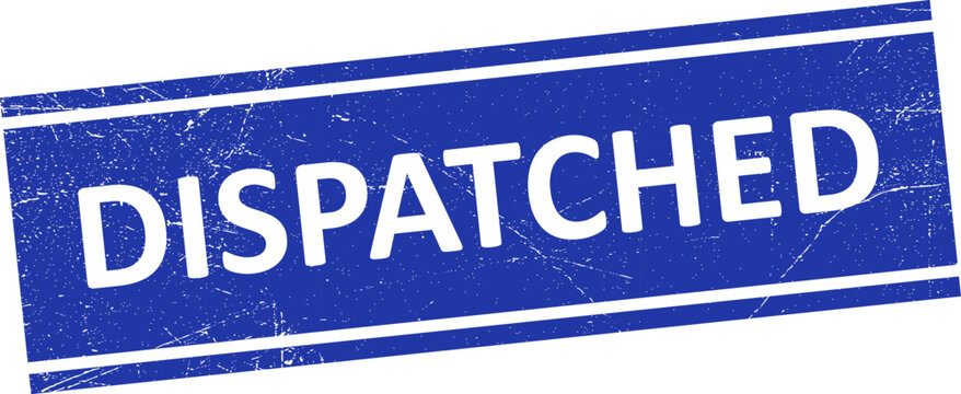 Blue dispatched stamp with white text on transparent background
