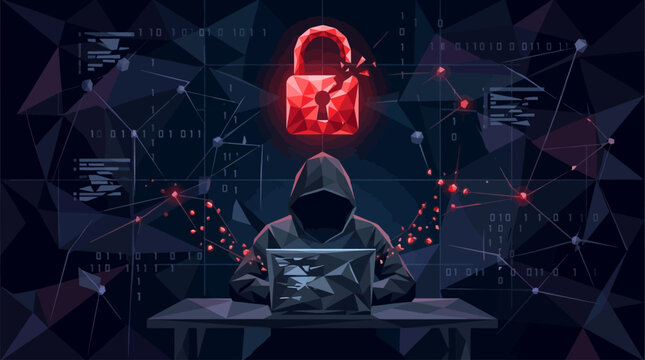Cyber security threat concept with hacker silhouette in low poly style. Glowing red lock icon on dark digital background symbolizes online fraud and cyber attack danger. Vector illustration
