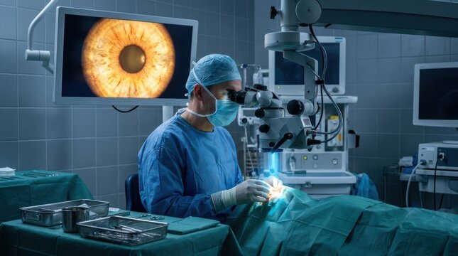 Ophthalmologist using surgical microscope for eye surgery in hospital operating room with screen display of human eye.