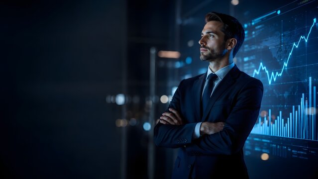 Confident businessman standing with arms crossed beside glowing financial charts, stock market growth, investment analytics and corporate success concept