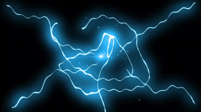 2D Hand drawn cartoon thunderstorm effects, energy burst on black background. Flash fx electric thunder explosion, blue power strike line, dynamic storm lightning effect overlay. 4k video