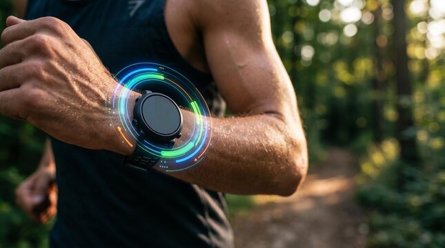 close up of a runner wearing a smartwatch with digital futuristic hud interface in the forest