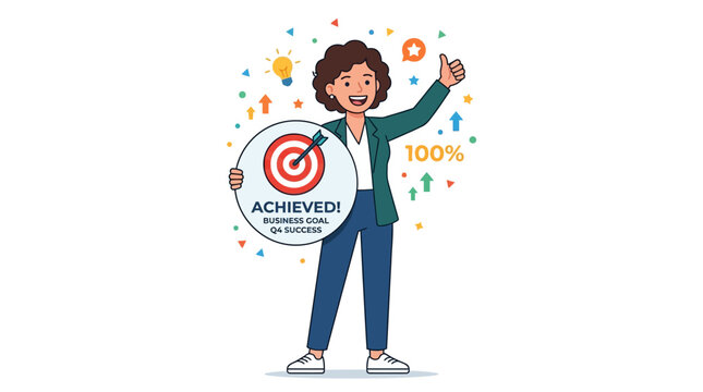 A cartoon man celebrating achievement with a target and confetti.