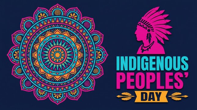 Vibrant indigenous peoples day celebration graphic with mandala and native american headdress on dark blue background