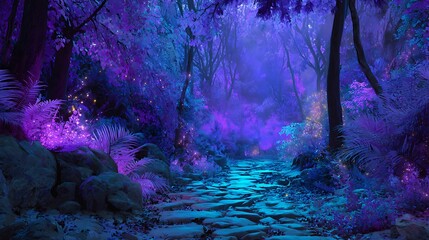 Fototapeta premium Enchanted magical forest path with glowing purple and blue neon lights.
