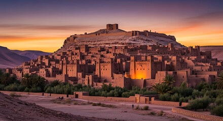 Obraz premium Ancient Desert Town Built From Adobe on a Hill at Sunset
